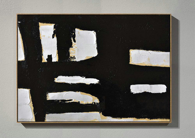 Hand Painted Aclylic Painting On Canvas,Horizontal Palette Knife Minimal Canvas Art Painting Black White Beige - Modern Art Abstract Painting